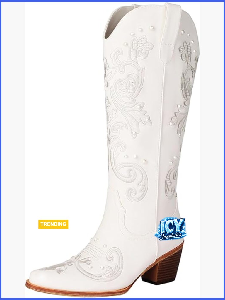 Pearl Embroidered Cowgirl Boots Women Western Chunky Heel Mid Calf Boots With